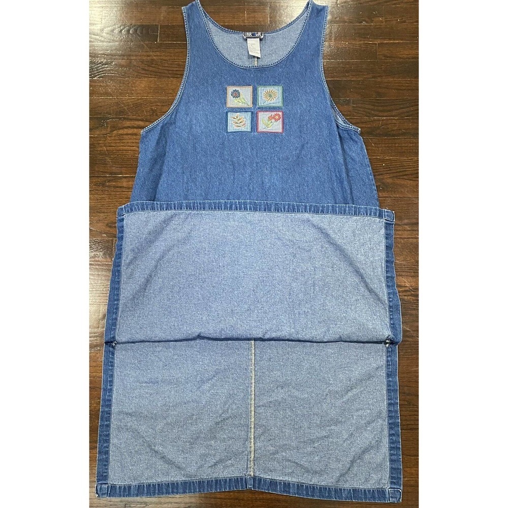 VTG True Blue Casual Denim Midi Jumper Dress Sz 1X Embroidered Sleeveless Modest